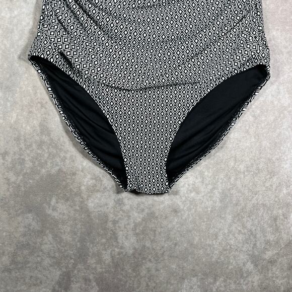 DKNY Maillot One Piece Bandeau Swimsuit Women XL Black White Diamond Print Beach - Picture 3 of 9